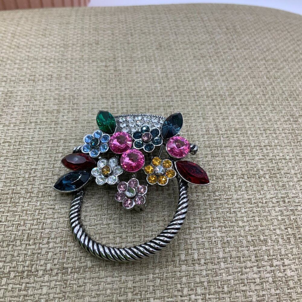 Floral Flowers Basket Multi Colored Rhinestone Silver Tone Brooch Pin - Picture 5 of 8